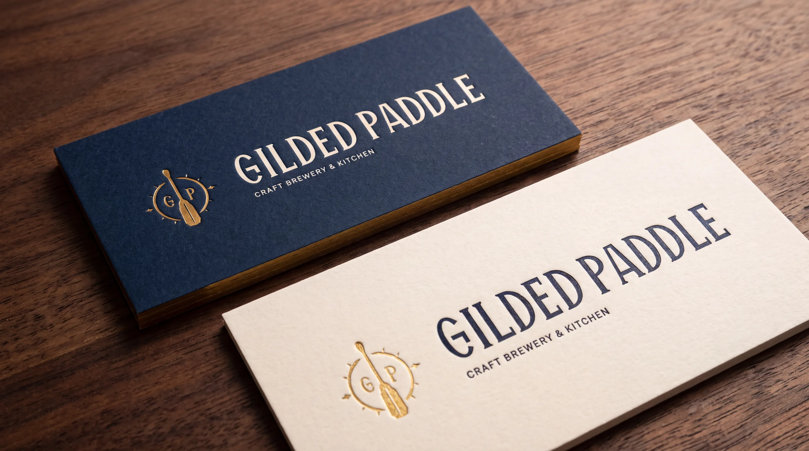 Concept: navy and cream cards carrying the Gilded Paddle horizontal lockup, laid on a dark timber surface beside a brass compass.