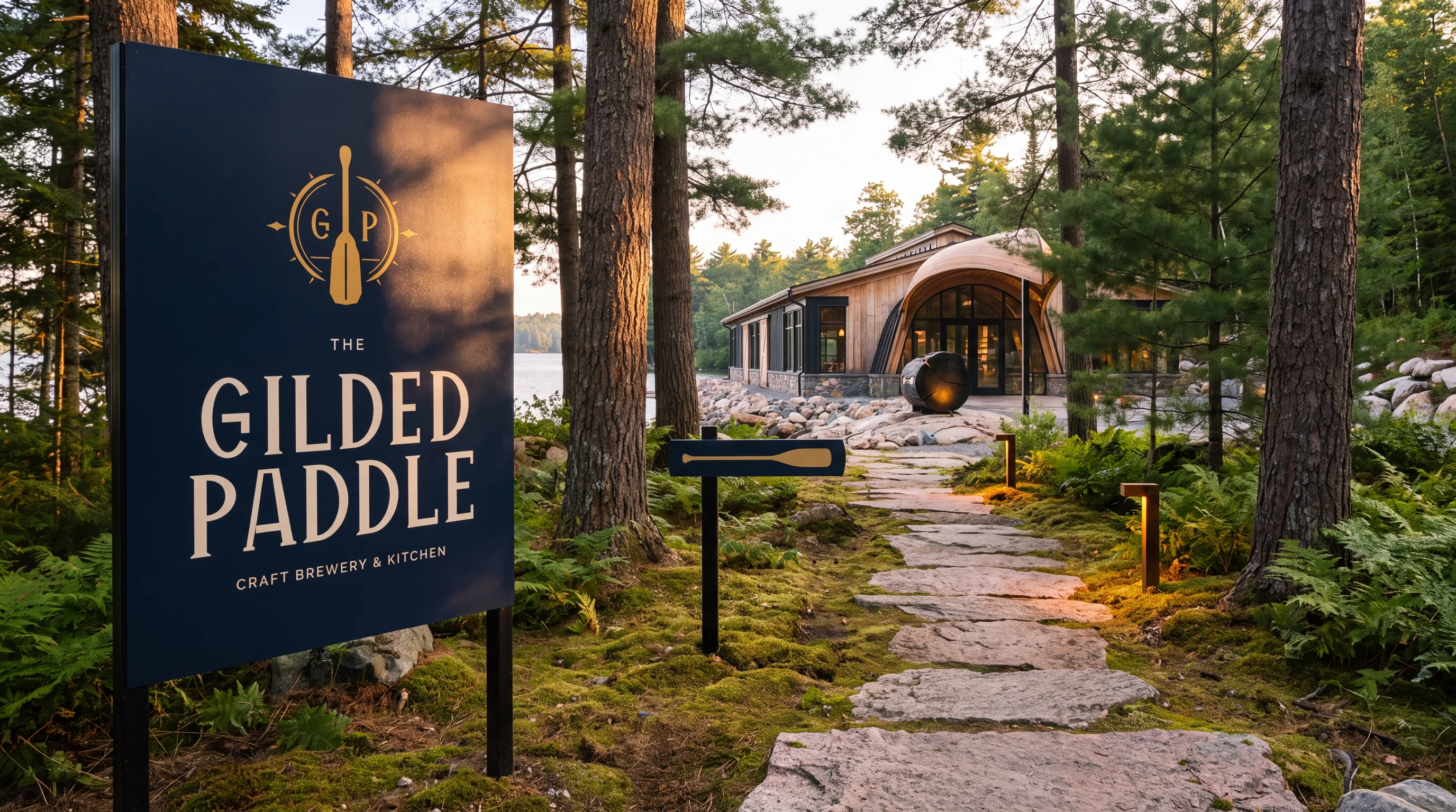Concept: a navy garden sign carrying the Gilded Paddle lockup beside a lit path, with a directional arm pointing toward the building.