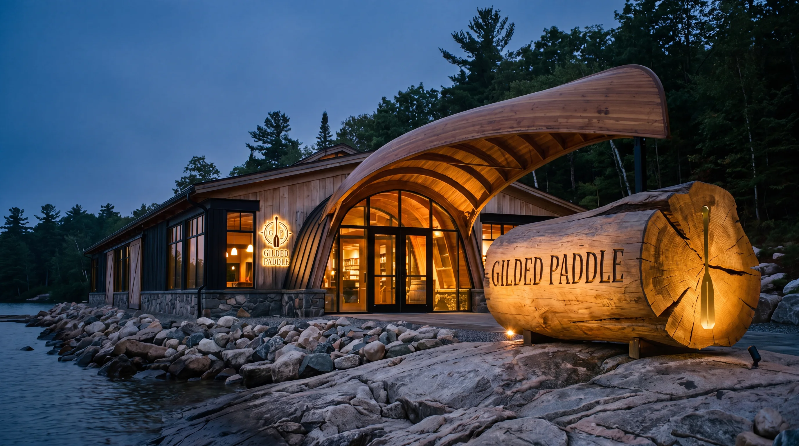 Concept: the single-storey lakeside building at dusk under its inverted cedar canoe roof, with the name carved into a large planed log on the granite shore and lit warmly from below.