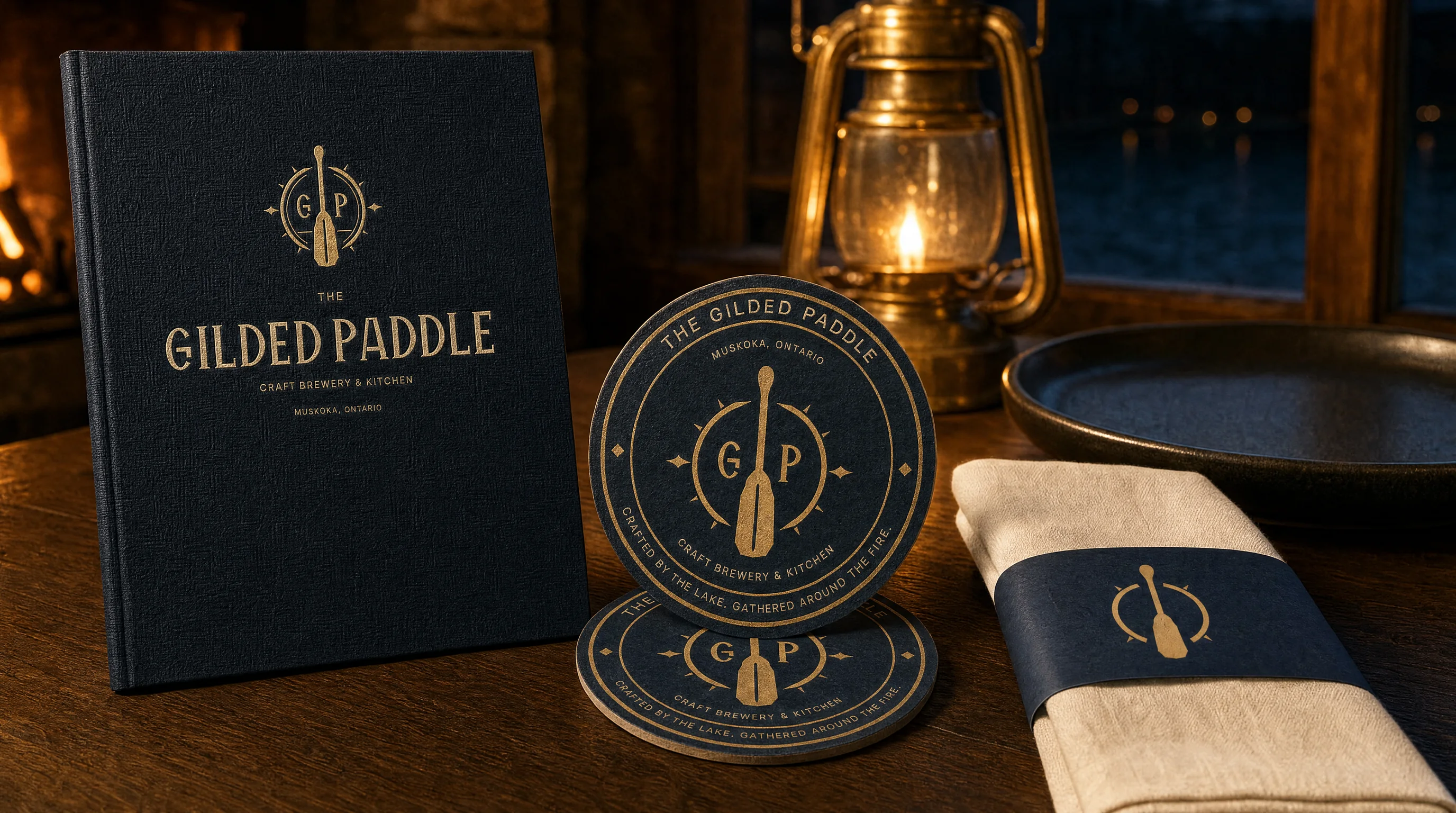 Concept: a navy menu cover foiled with the Gilded Paddle lockup, two printed coasters, a dark plate and a folded napkin on a timber table beside a lantern.
