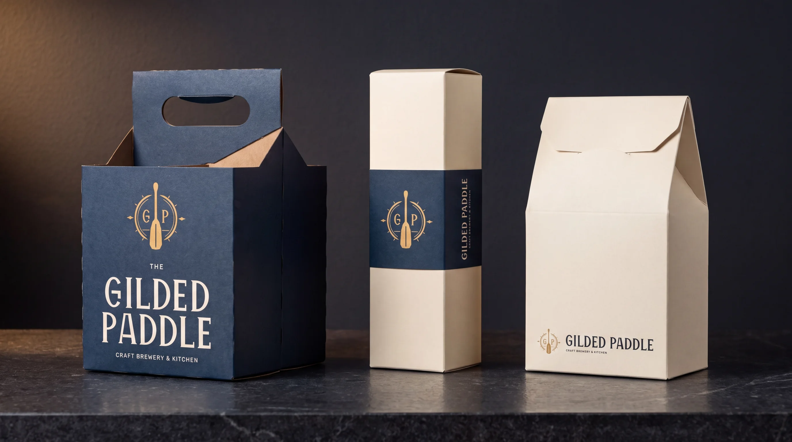 Concept: a navy four-bottle carrier, a single-bottle gift box and cream takeaway packaging, each printed with a Gilded Paddle lockup, on a dark stone counter.