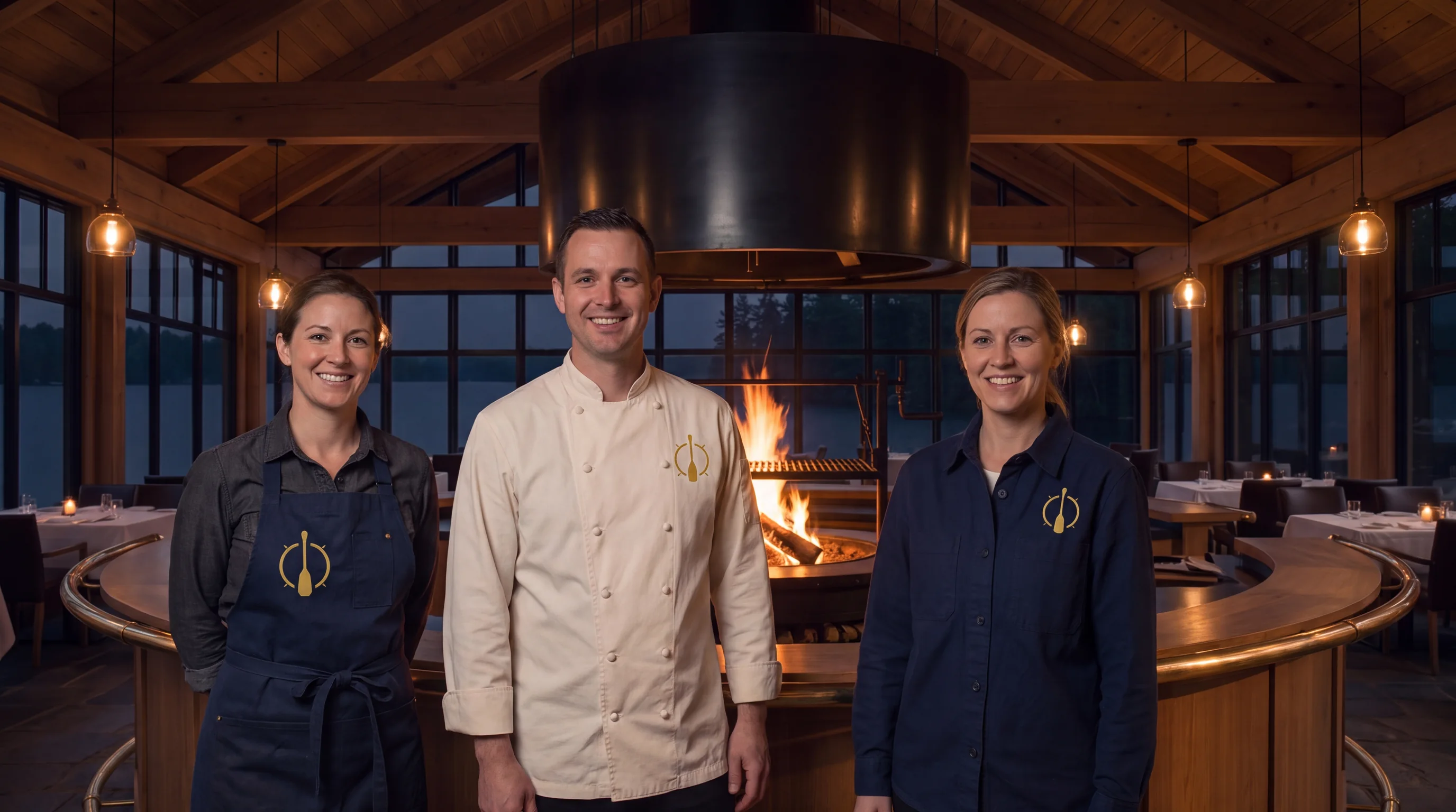 Concept: three team members in navy aprons and overshirt, each carrying a small stitched Gilded Paddle emblem, in front of an open fire with the lake beyond.