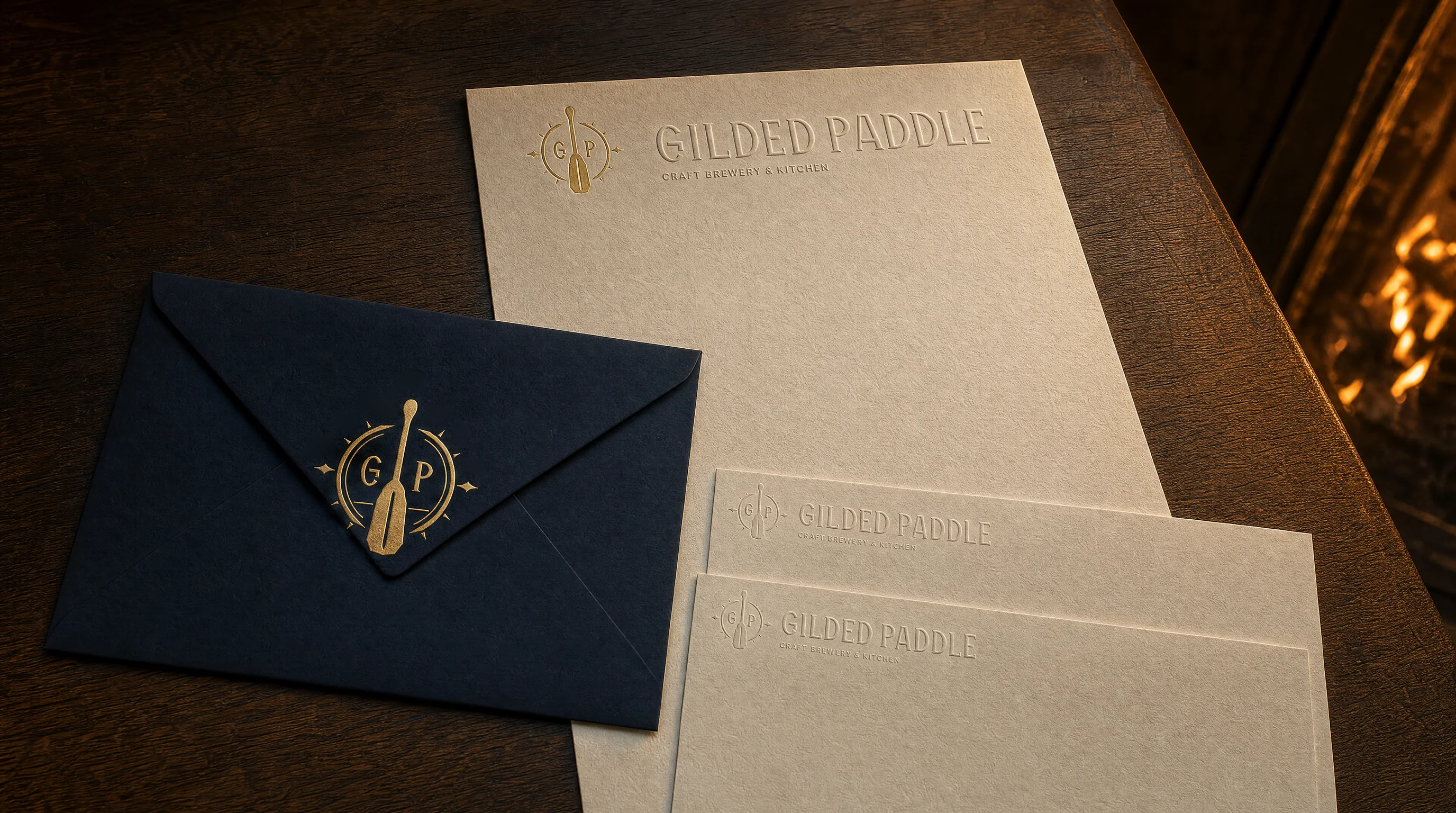 Concept: cream letterhead, a navy envelope and two compliment slips on a dark timber table.