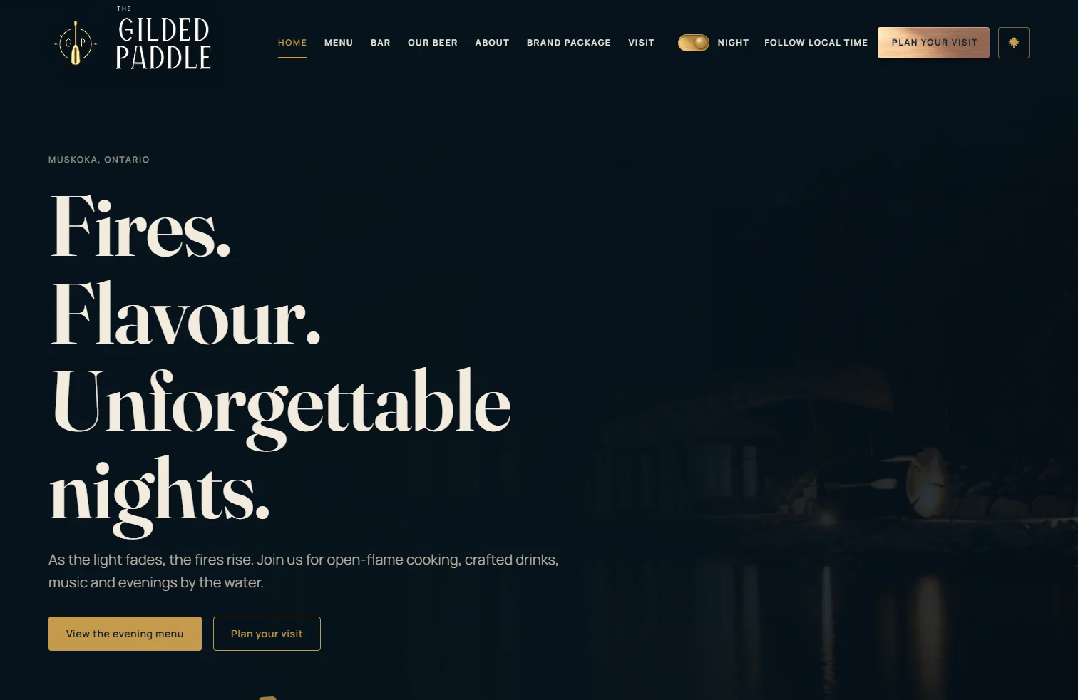 The same homepage in night mode at desktop width.