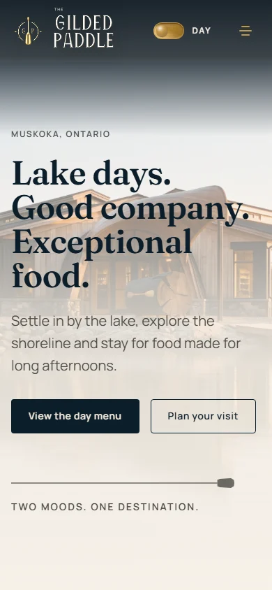 The Gilded Paddle homepage at phone width, shown in a phone frame.