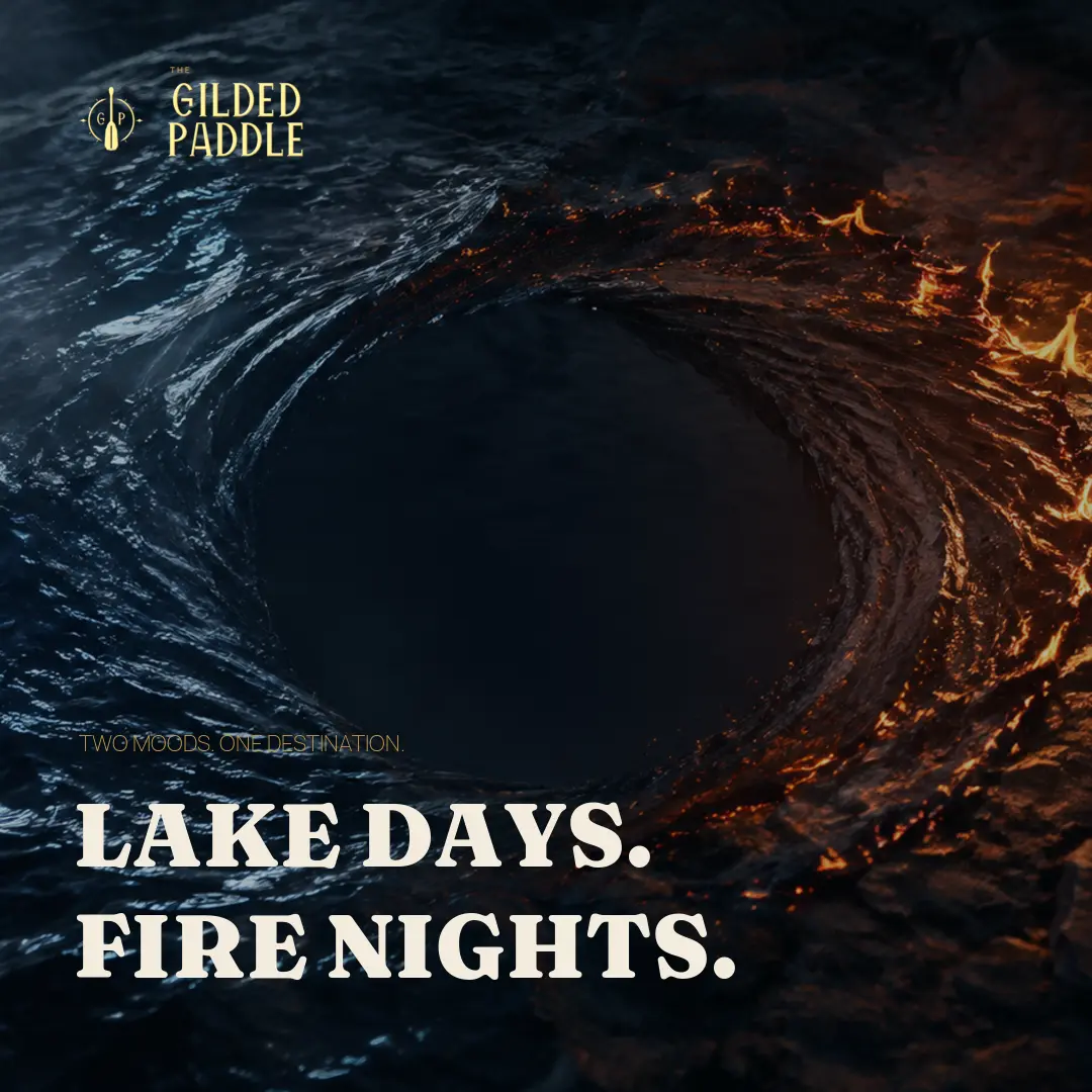 Social post: dark water turning around a still centre with fire along its edge.