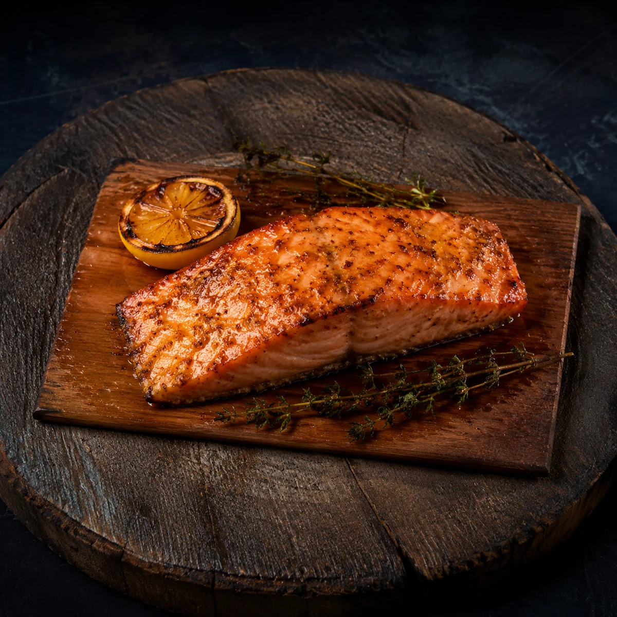 Maple mustard salmon fillet on a cedar plank with charred lemon