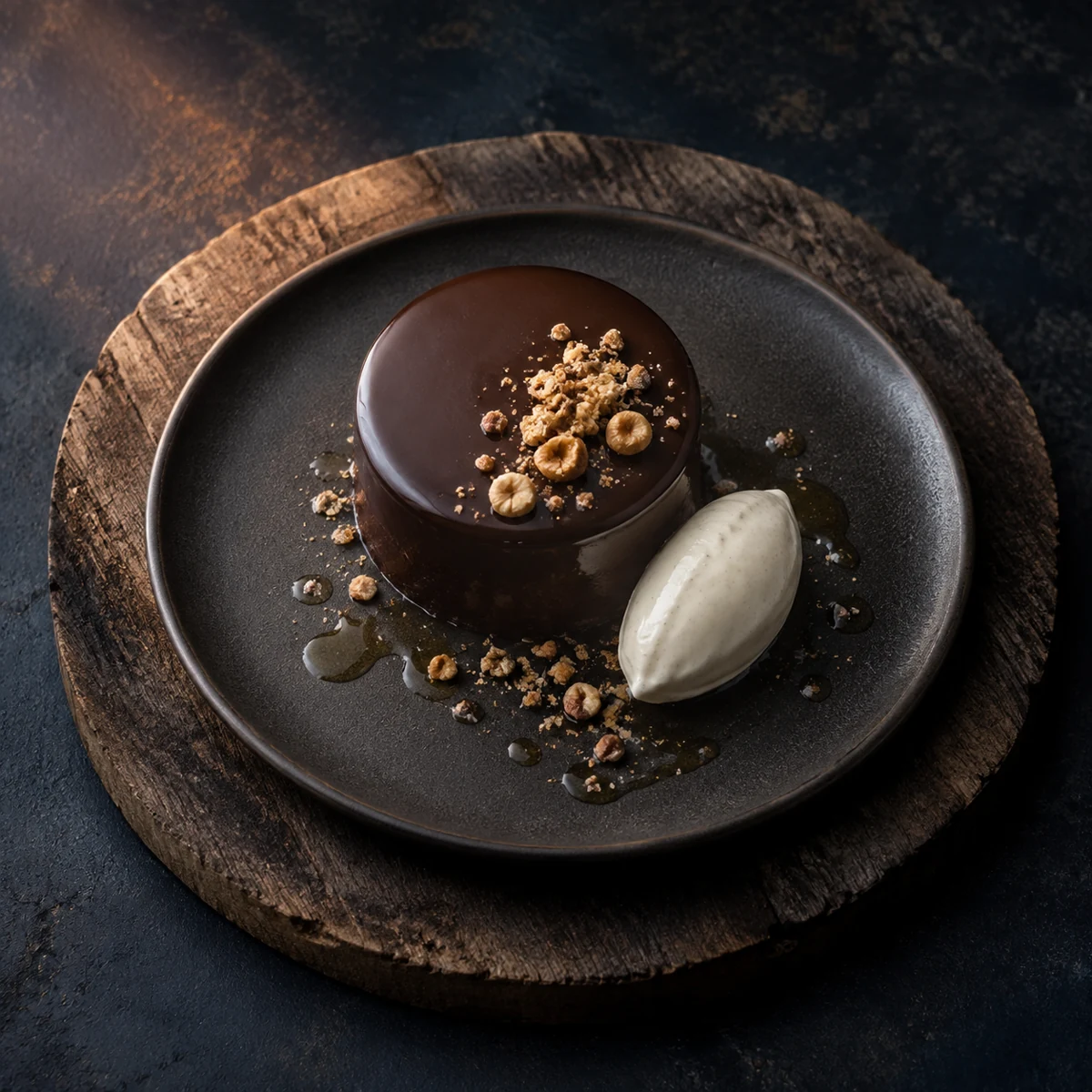 Dark chocolate torte with vanilla cream, hazelnut crumb and birch syrup