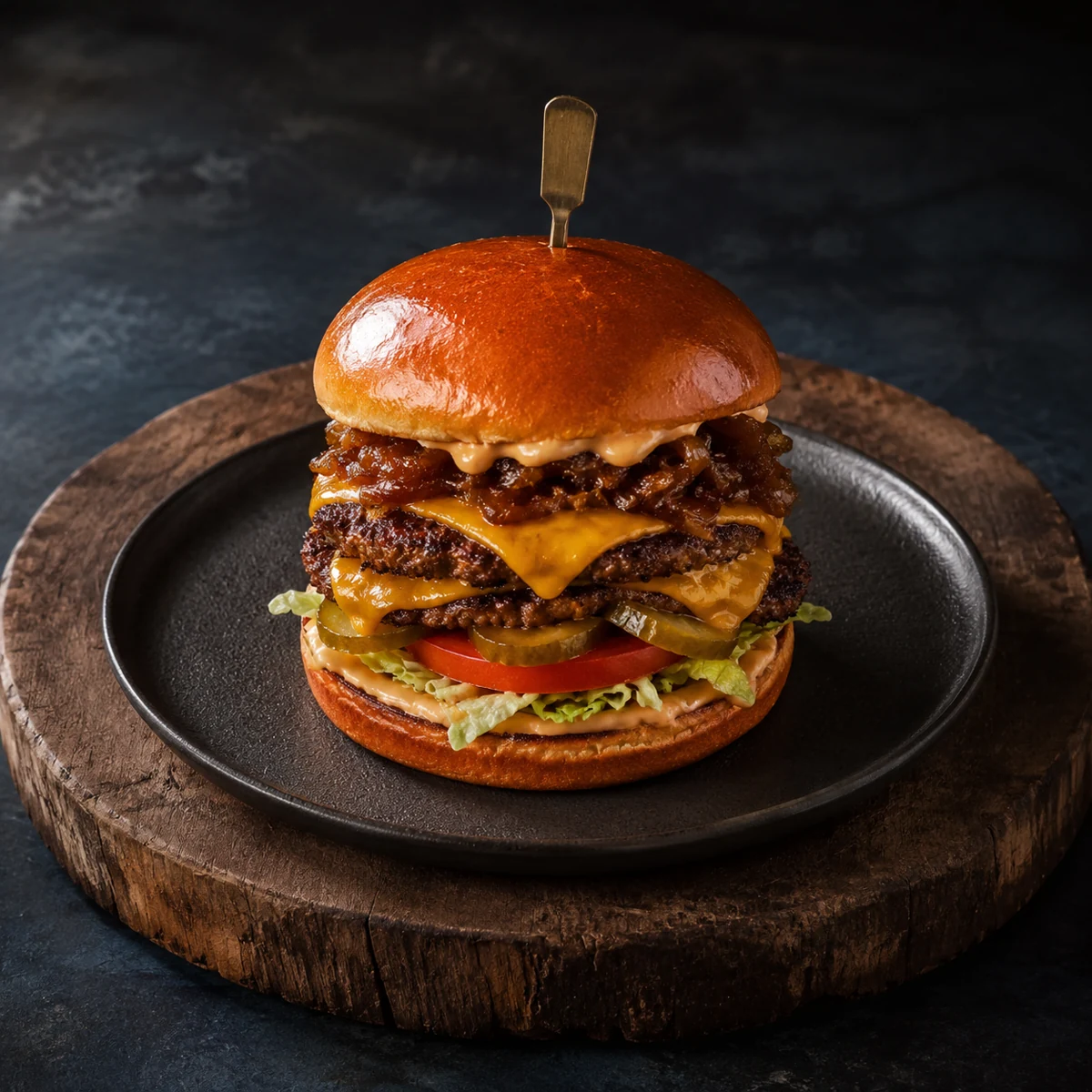 Double smash burger with aged cheddar and smoked aioli on a brioche bun