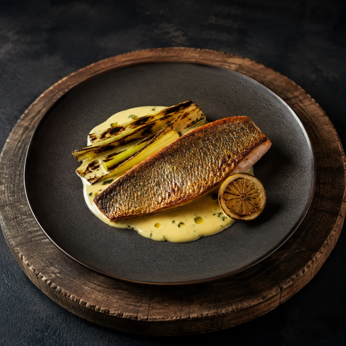 Pan-roasted lake trout with charred leeks and lemon beurre blanc