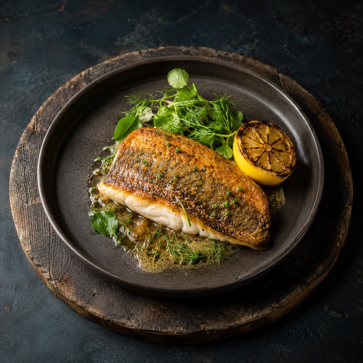 Seared lake whitefish with herb brown butter and charred lemon on a dark ceramic plate