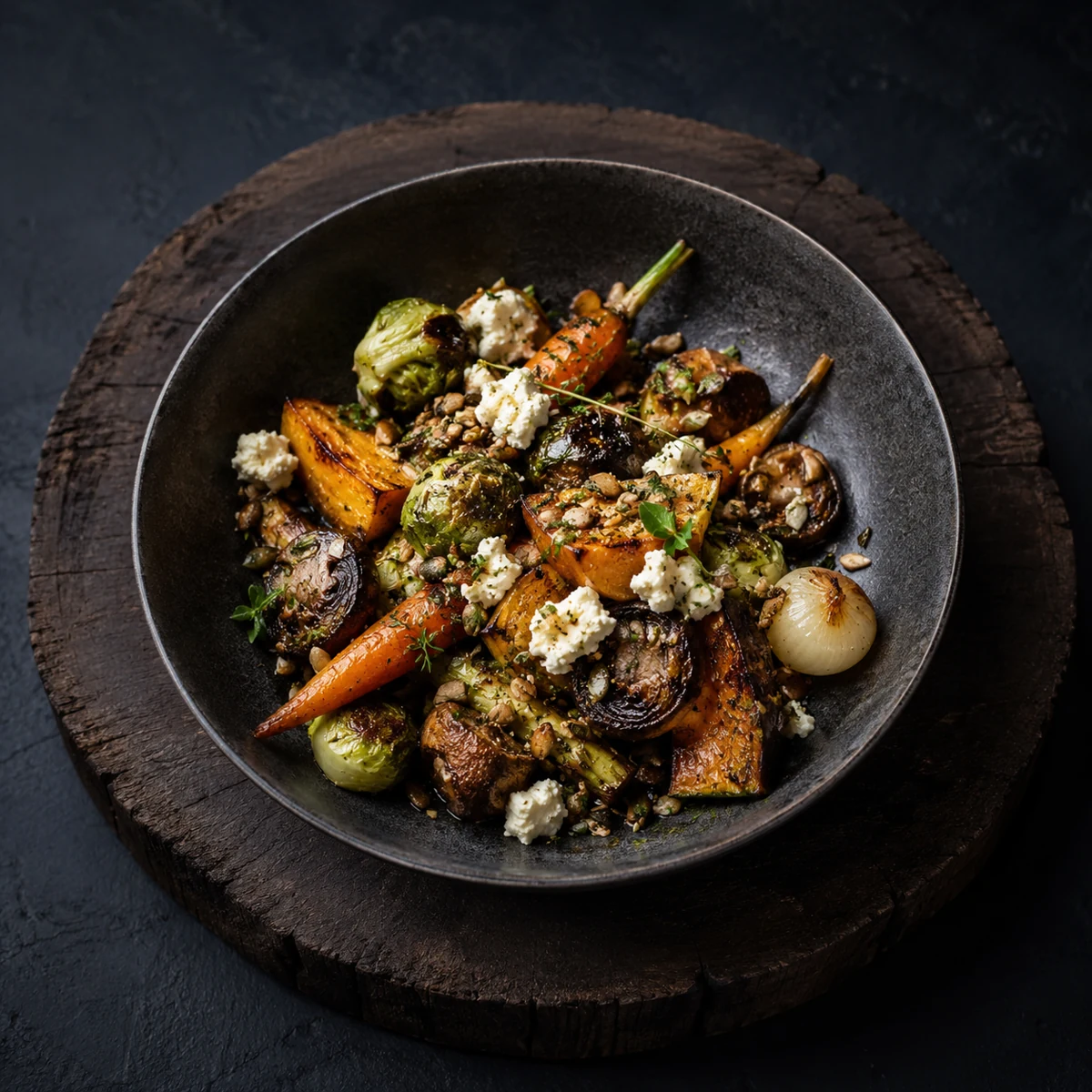 Fire-roasted seasonal vegetables with smoked ricotta and seed crumble