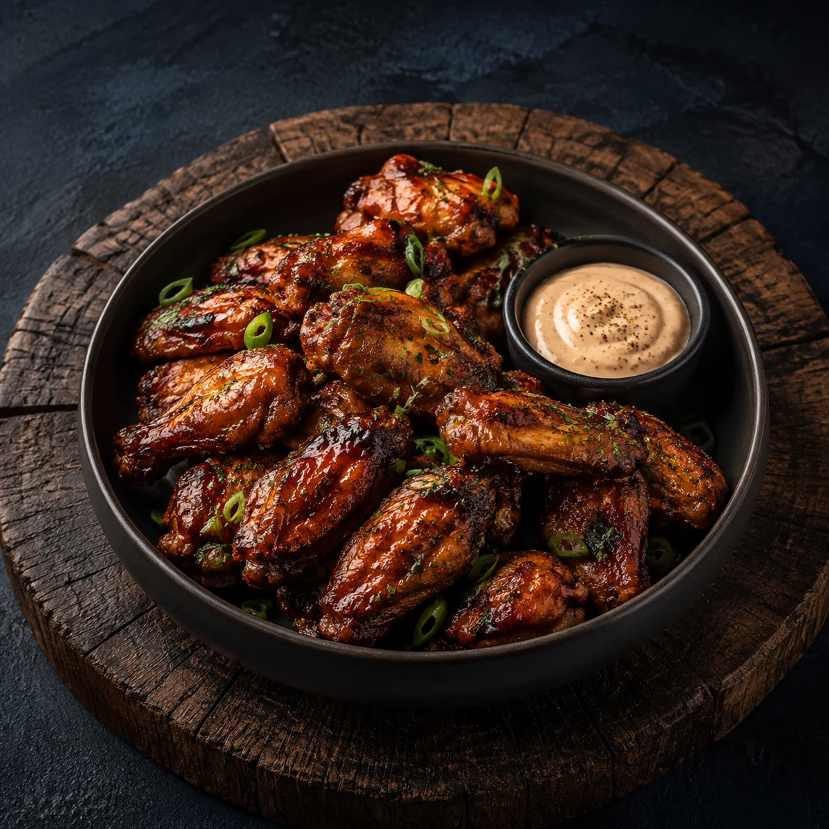 Maple barbecue smoked wings with smoked aioli in a dark bowl