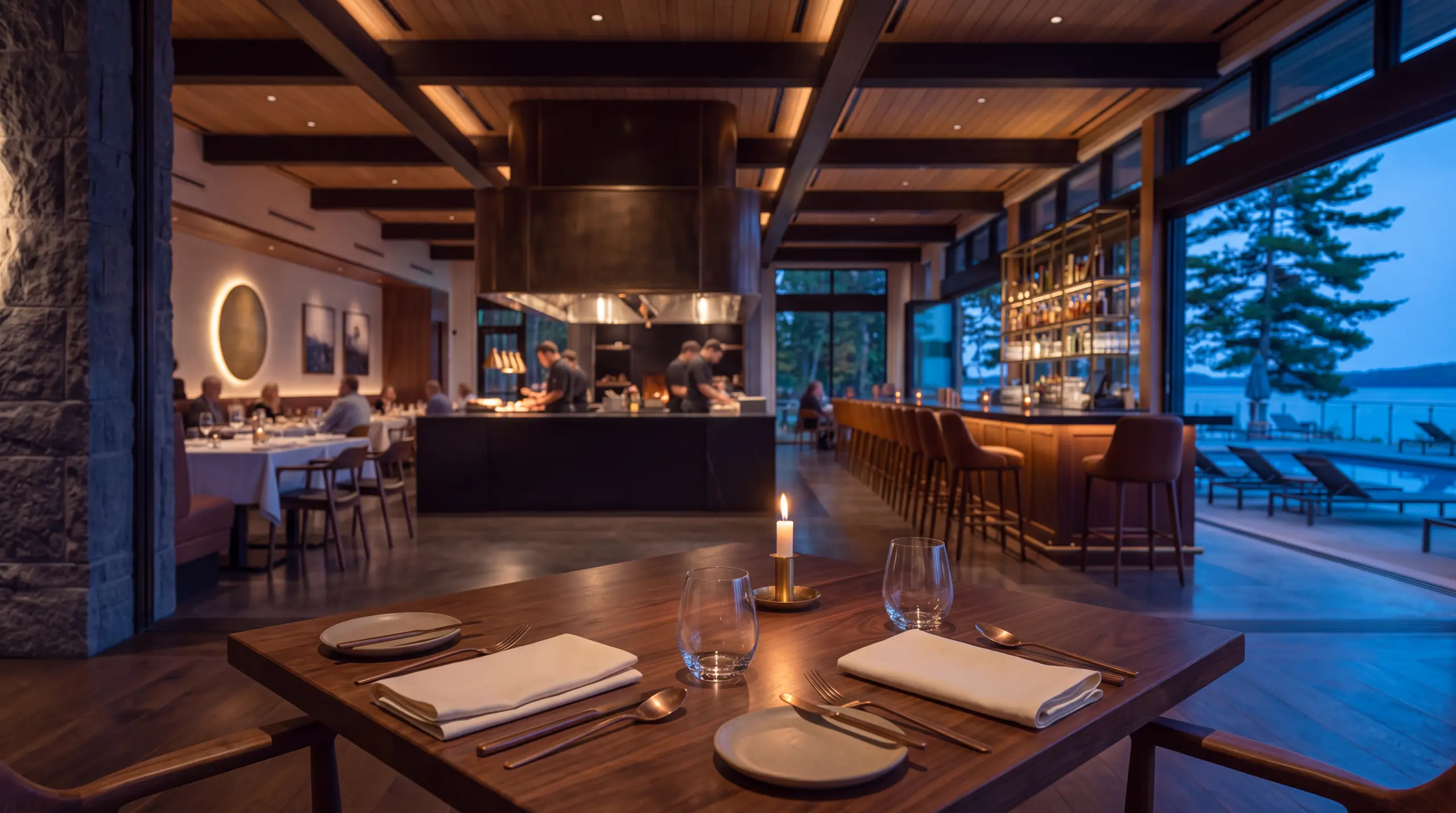 Candlelit two-person table with the central open kitchen, lounge bar and lake in the background