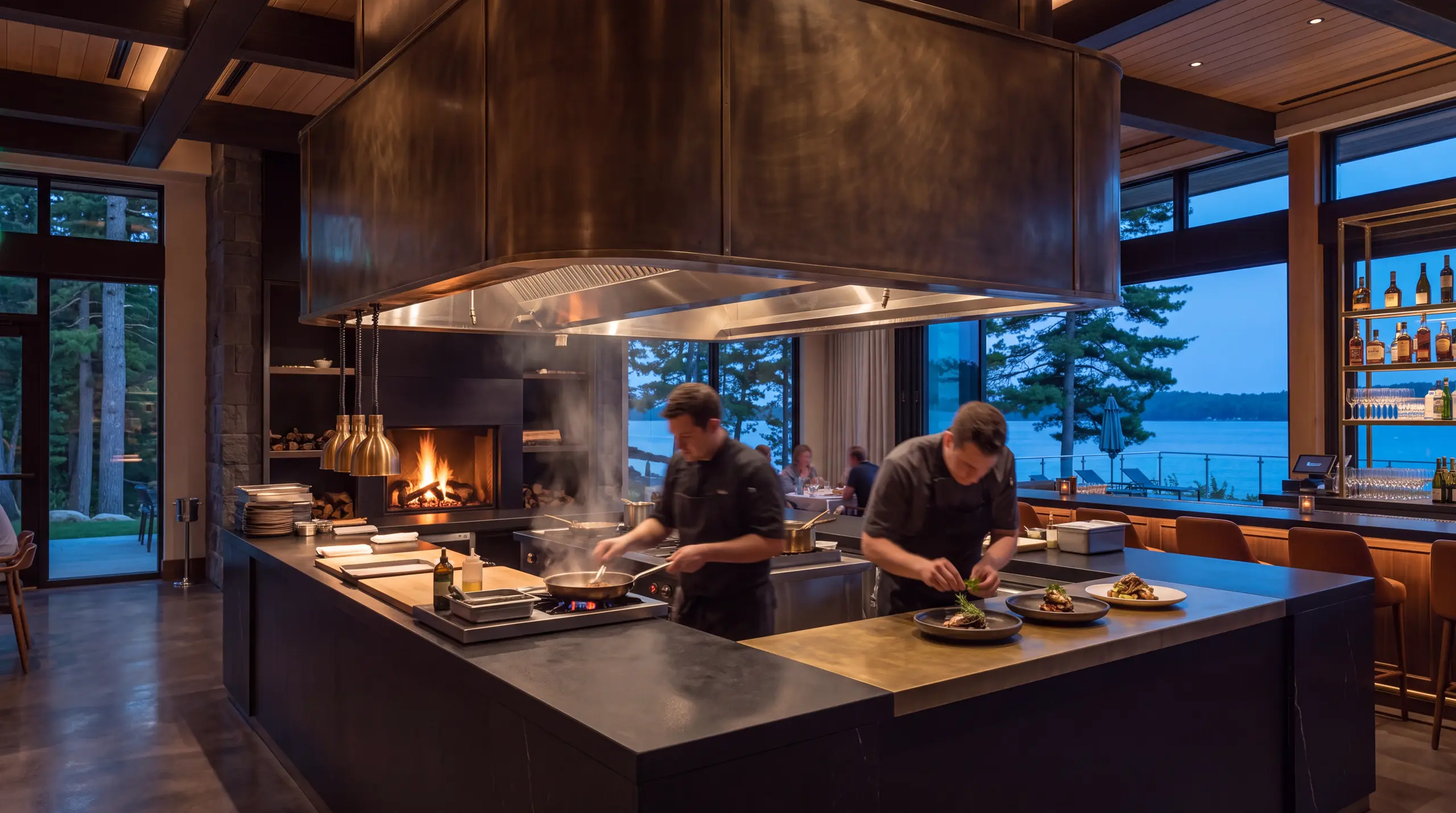 Chefs working at the central open kitchen beneath an aged-brass canopy with the lake beyond